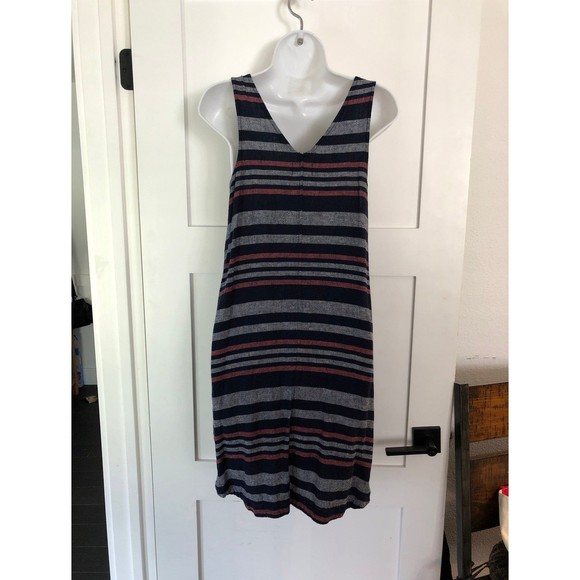 Old Navy Red Blue V Neck Sleeveless Cotton Linen Dress w/ Pockets M - Picture 3 of 4